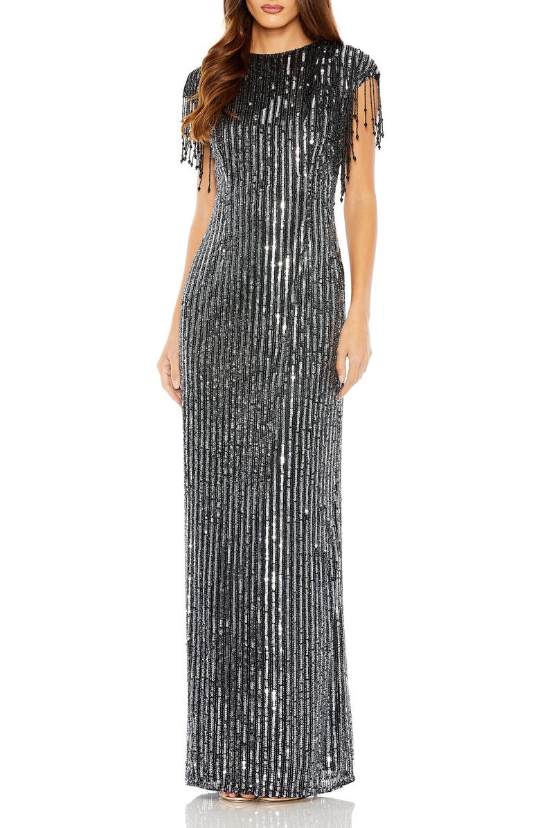 Mac Duggal High Neck Embellished Fringe Gown, Main, color, Black