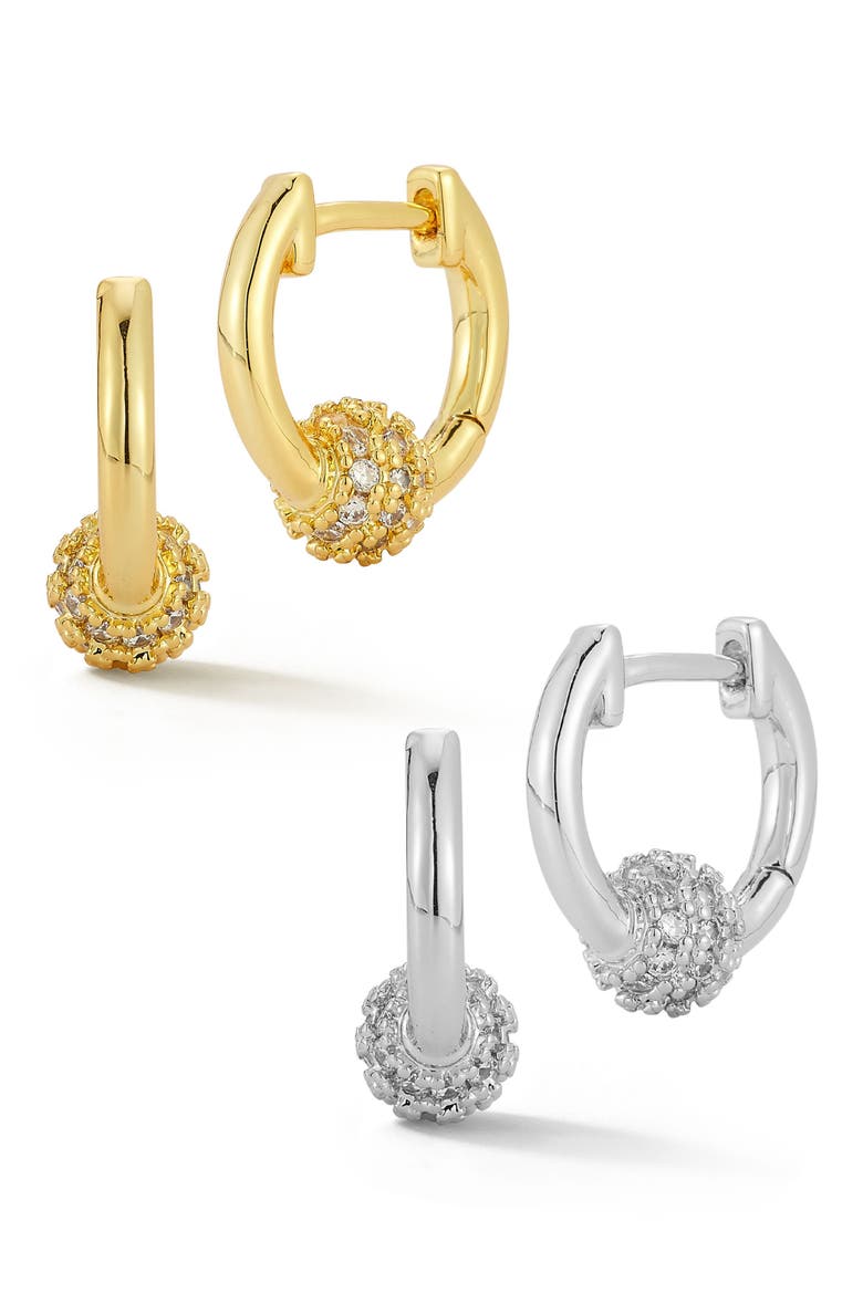 Set of 2 Cubic Zirconia Bead Huggie Hoop Earrings, Main, color, TWO TONE