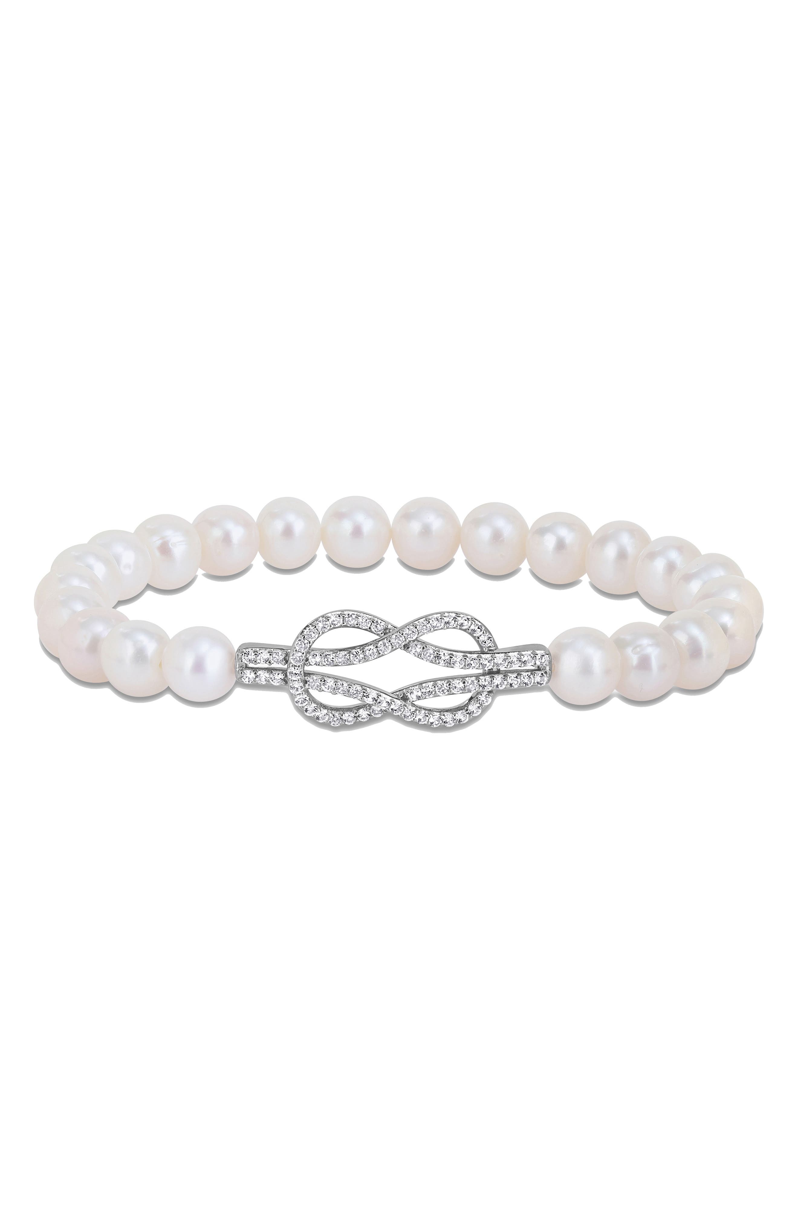 Cultured Pearl & Created White Sapphire Infinity Bracelet