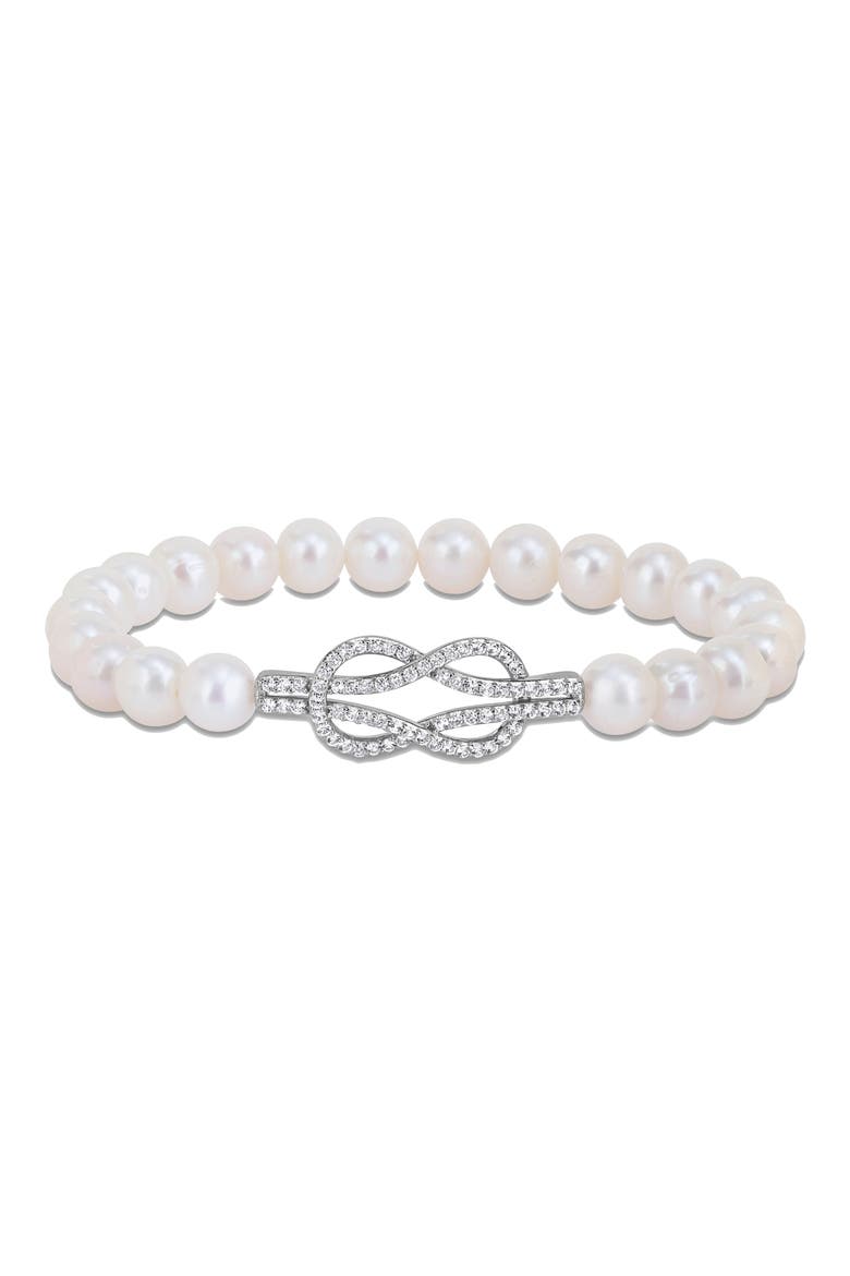 Cultured Pearl & Created White Sapphire Infinity Bracelet, Main, color, WHITE