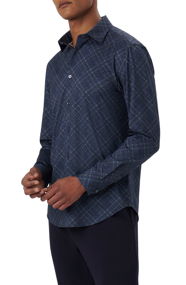 Bugatchi James OoohCotton<sup>®</sup> Diagonal Plaid Print Button-Up Shirt, Alternate, color, Navy