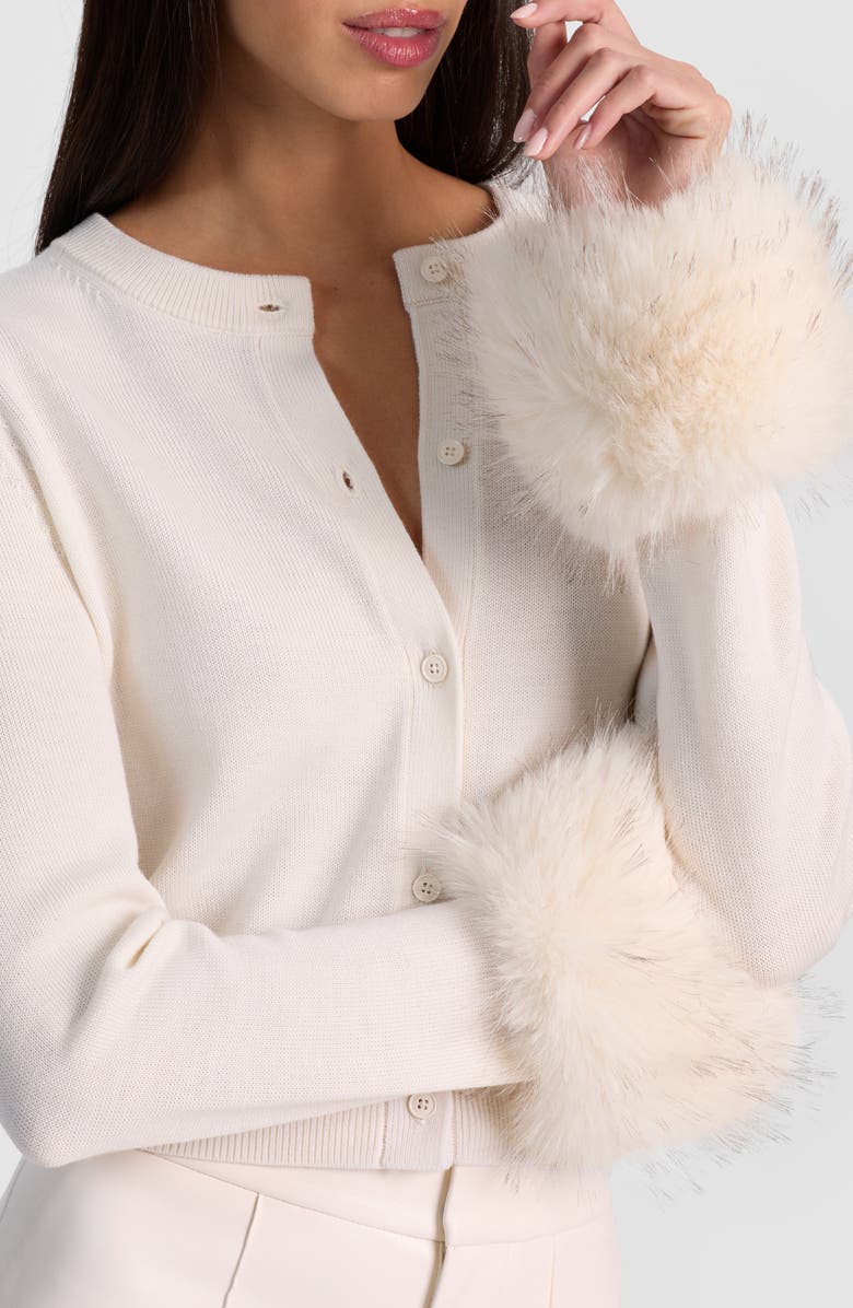 Alice + Olivia Dollie Faux Fur Cuff Wool Cardigan, Alternate, color, Soft White