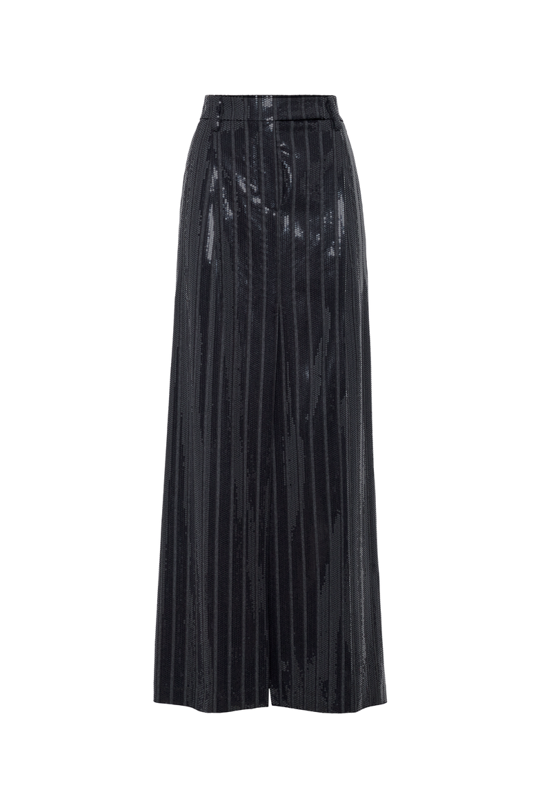 Comfort virgin wool chalk stripe sartorial column skirt with dazzling embroidery, Main, color, Dark Grey