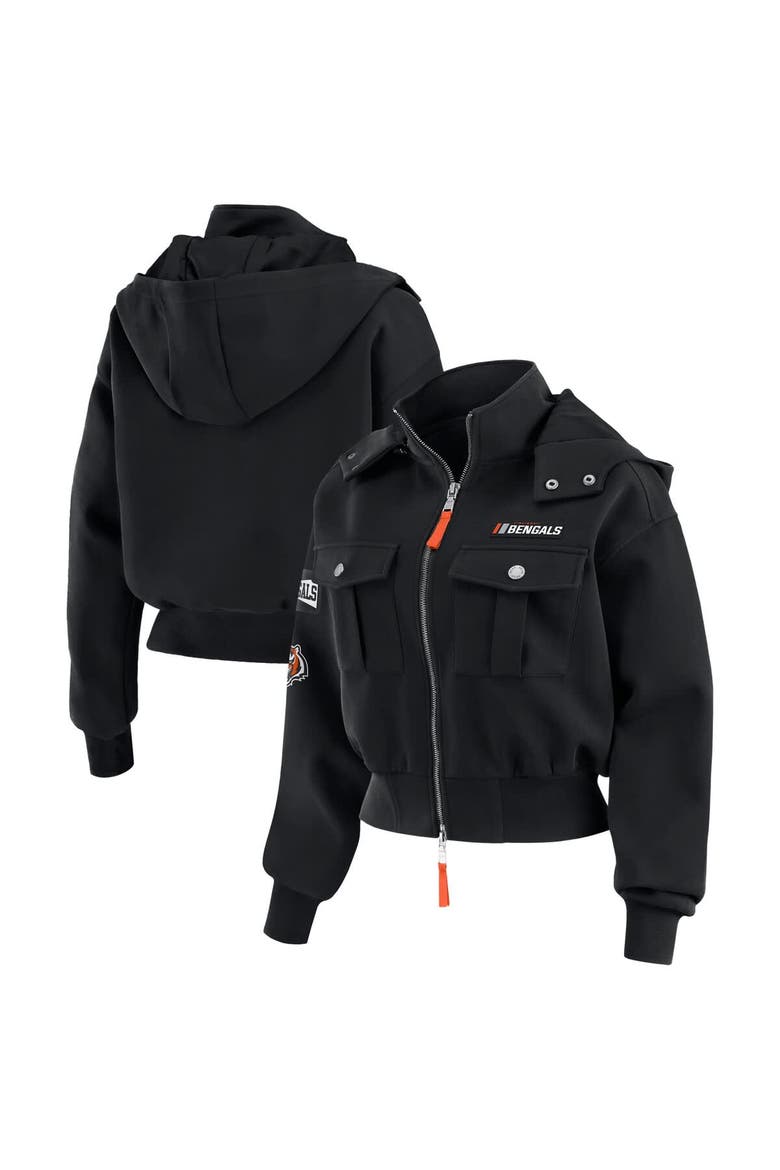 Women's WEAR by Erin Andrews  Black Cincinnati Bengals Patch Pocket Cropped Full-Zip Bomber Jacket, Main, color, Black