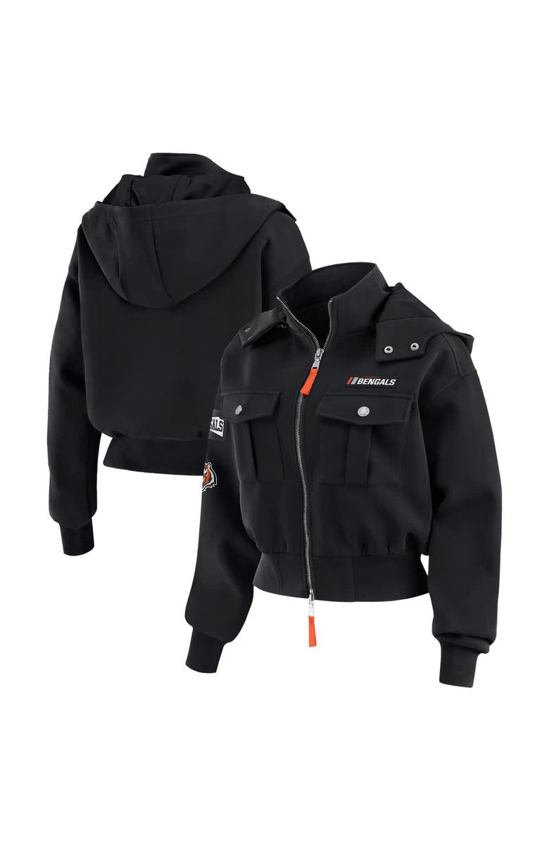 WEAR by Erin Andrews Women's WEAR by Erin Andrews  Black Cincinnati Bengals Patch Pocket Cropped Full-Zip Bomber Jacket, Main, color, Black
