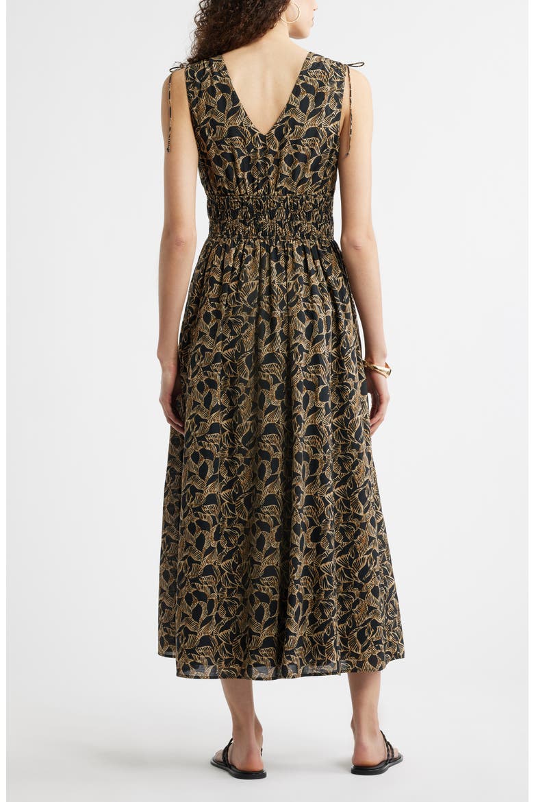 Print Smocked Waist Sleeveless Maxi Dress, Alternate, color, BLACK- TAN LEAF GLOBAL