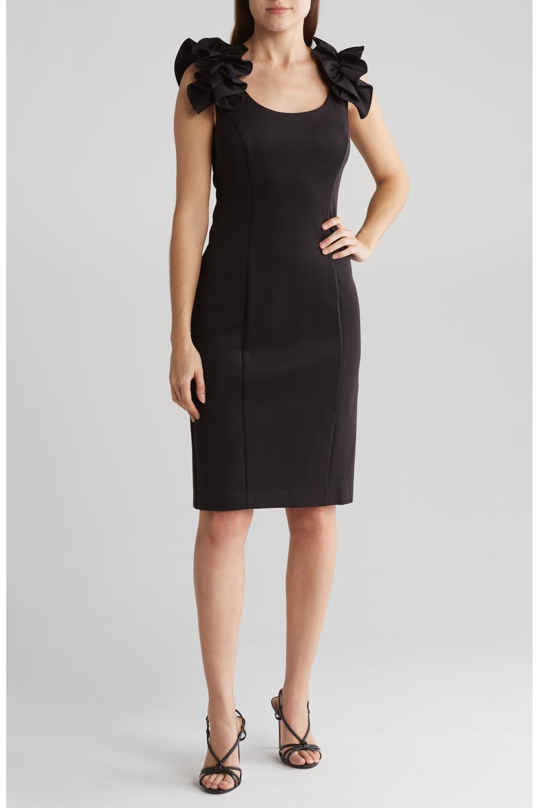 Donna Ricco Ruffle Shoulder Sheath Dress, Main, color, BLACK