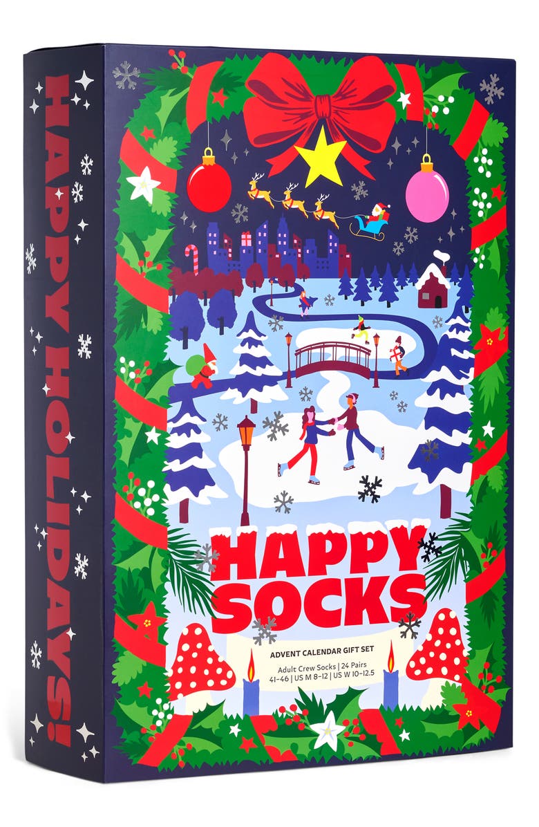 Happy Socks Assorted 24-Pack Cotton Blend Crew Socks Advent Calendar, Alternate, color, Navy