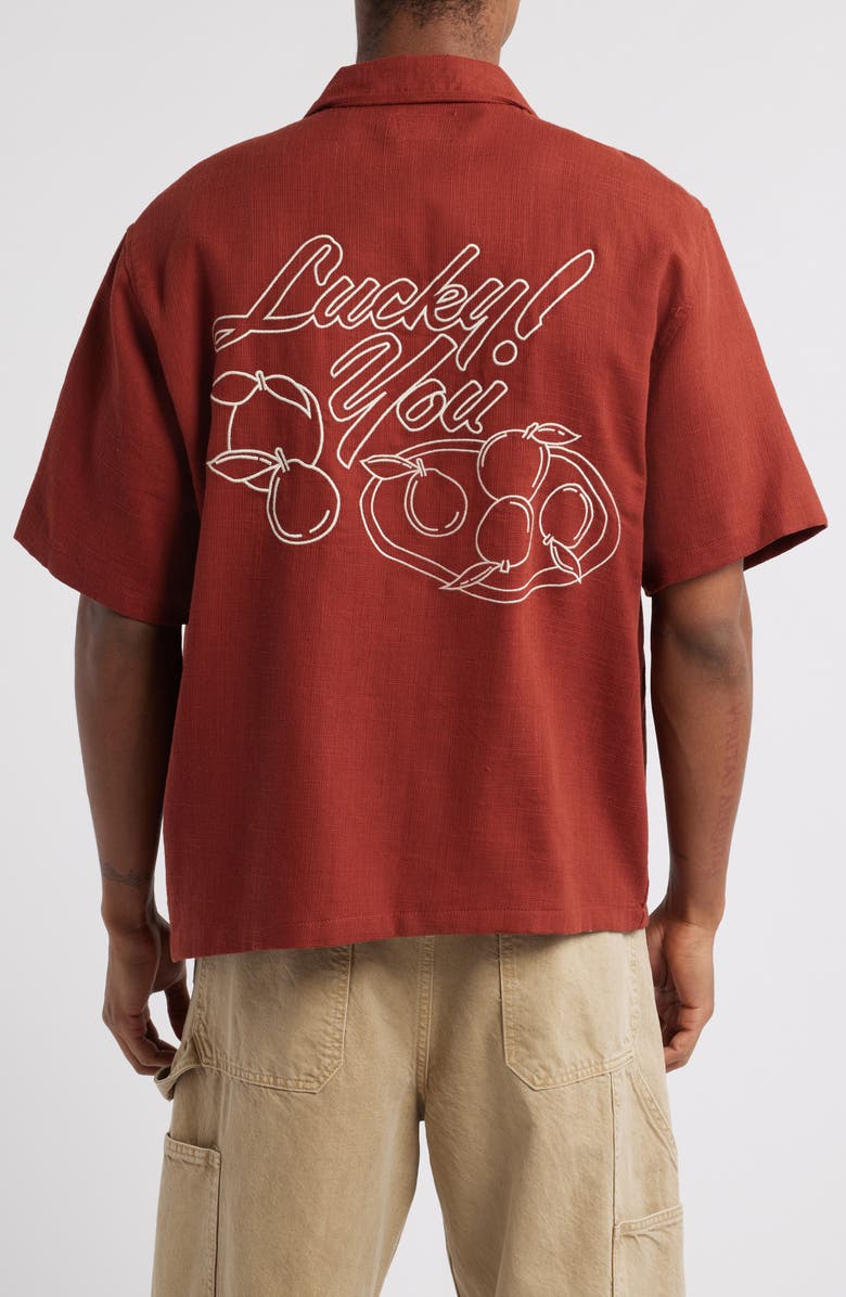 PacSun Oversize Embroidered Lucky You Camp Shirt, Alternate, color, 