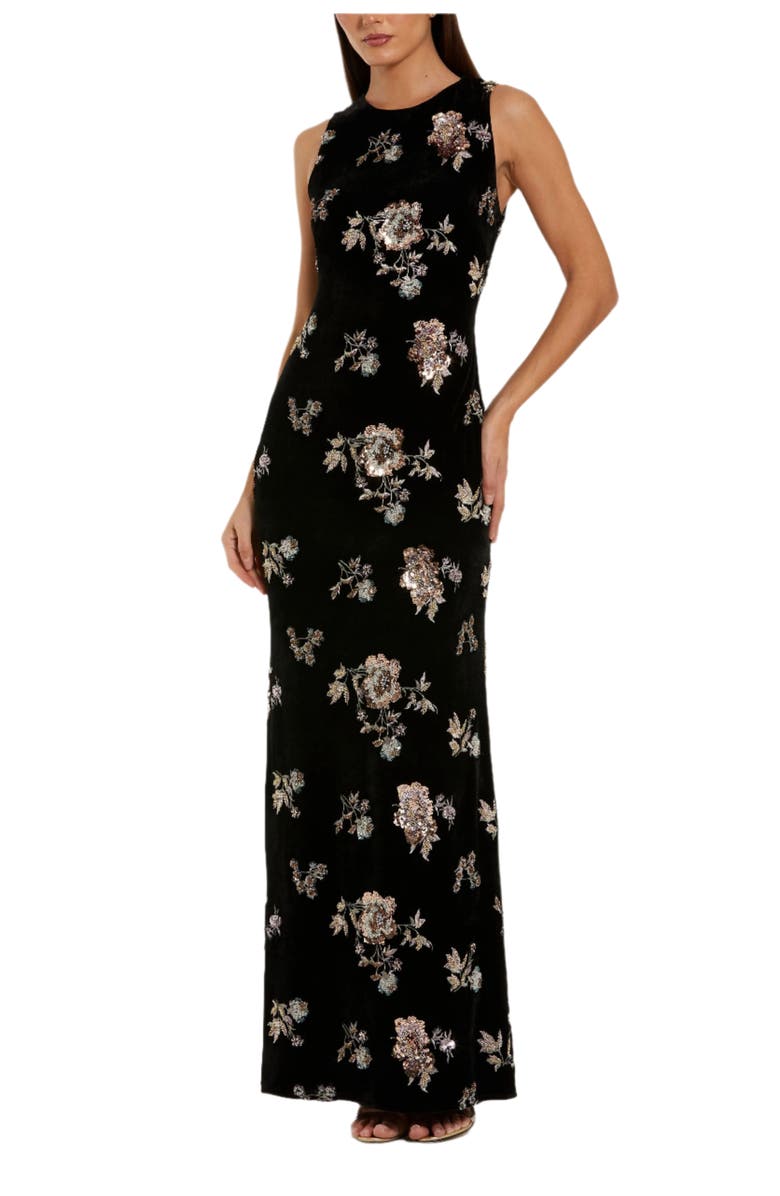 Mac Duggal Embellished Velvet High Neck Sleeveless Gown, Main, color, Black Multi