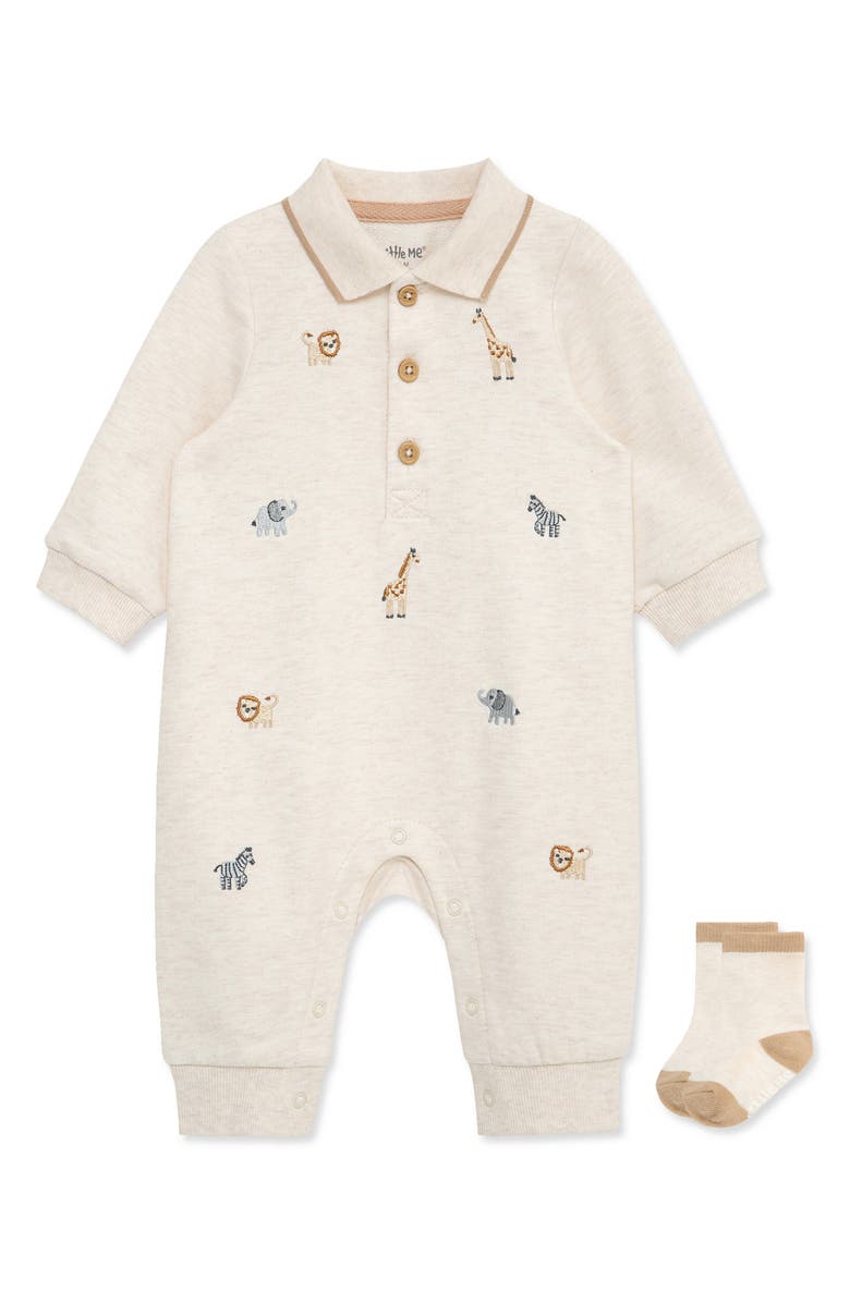 Little Me Safari Polo Romper & Socks Set, Main, color, 