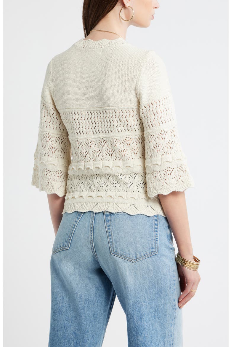 Pointelle Knit Scallop Trim Cotton Sweater, Alternate, color, IVORY DOVE