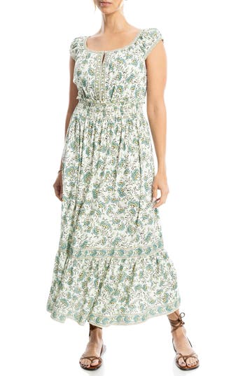 Max Studio Floral Smocked Maxi Dress In Cream Teal Bloom