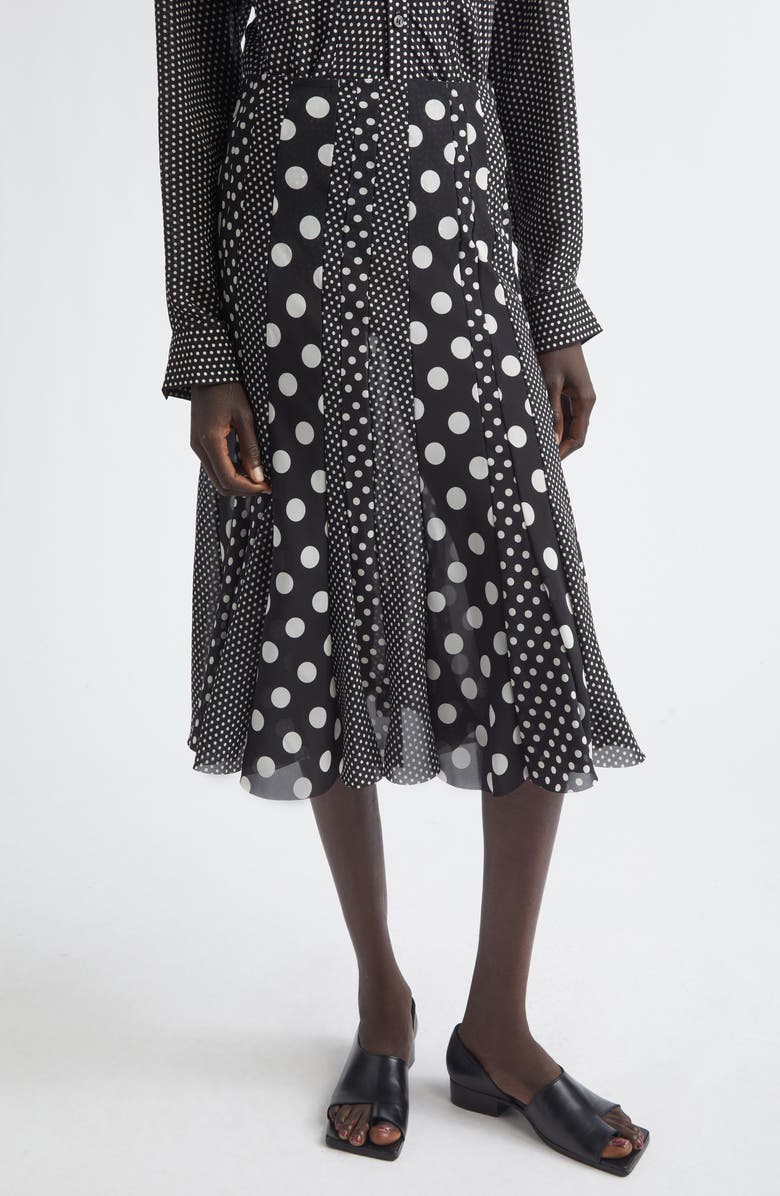 Junya Watanabe Polka Dot Georgette Midi Skirt, Main, color, Black/ White