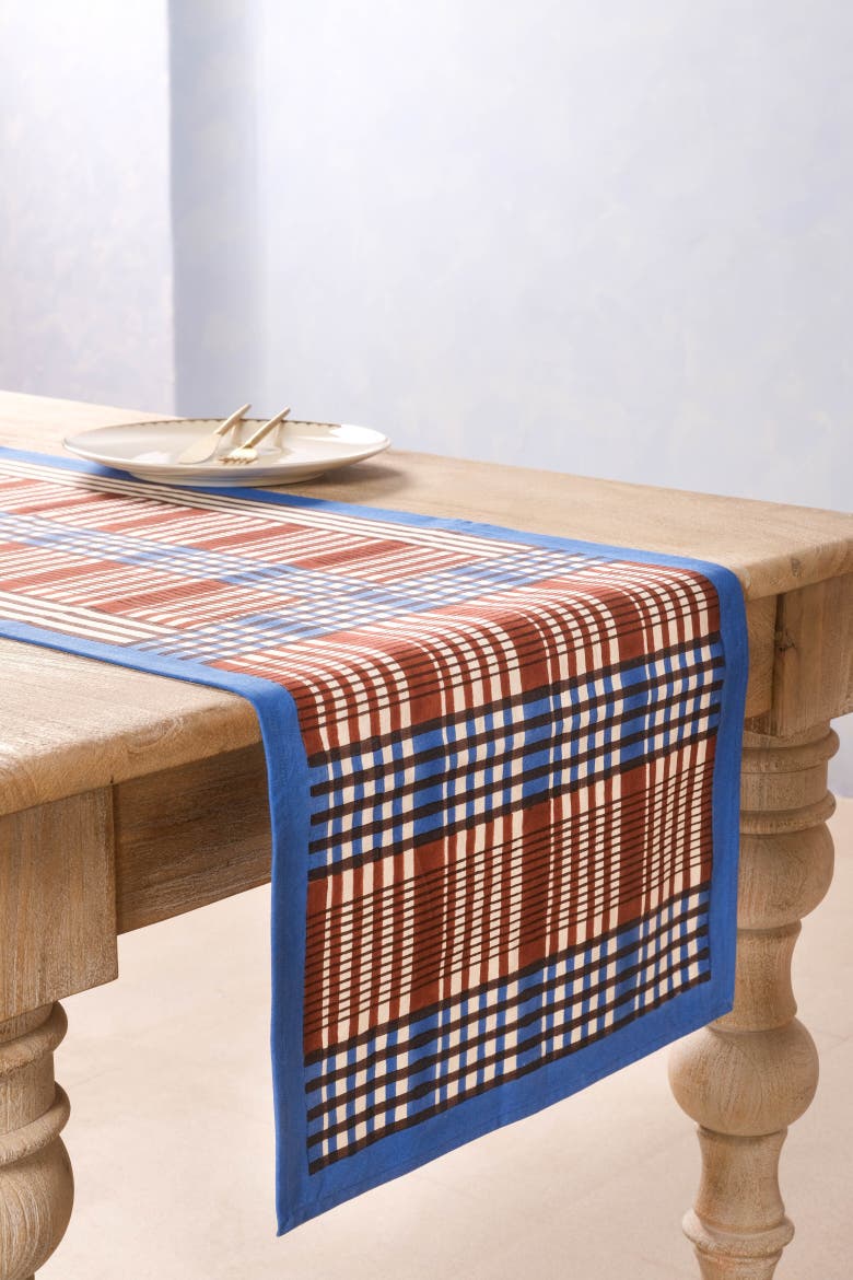 Shetland Plaid Blockprint Tablerunner, Main, color, Brown