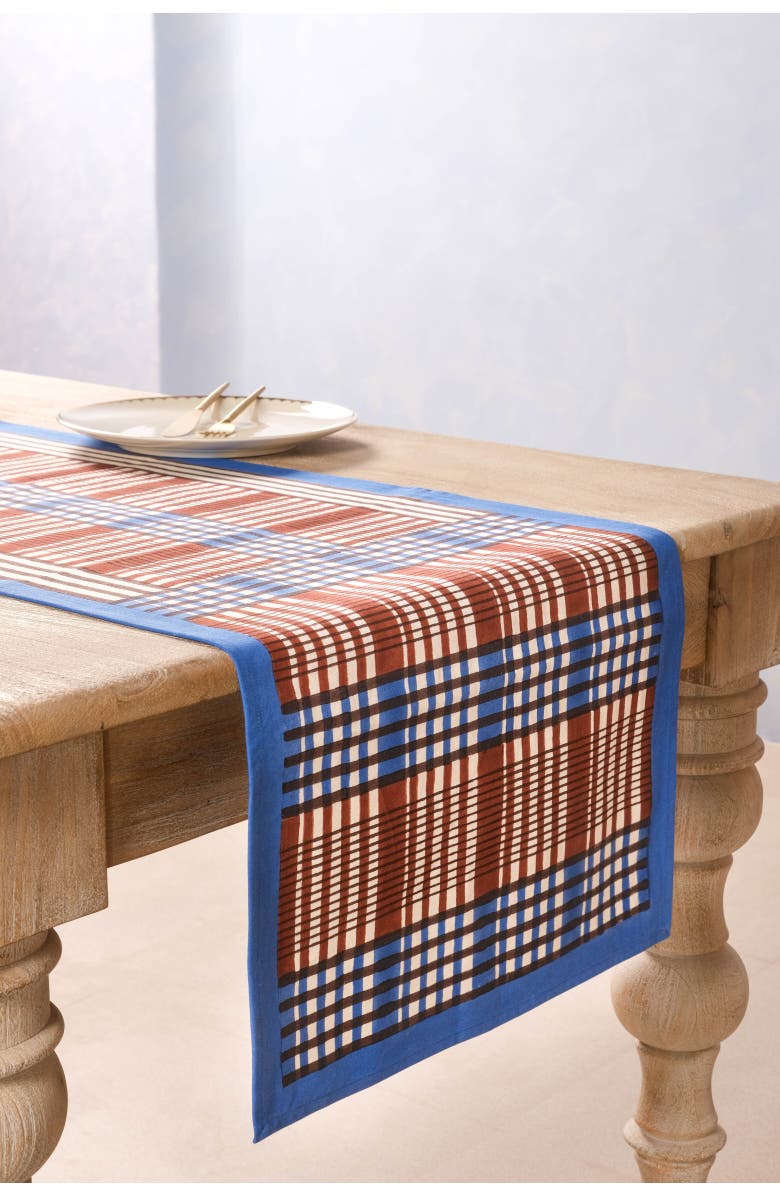 Inner Child Shetland Plaid Blockprint Tablerunner, Main, color, Brown