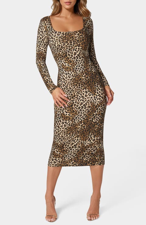 Square Neck Long Sleeve Animal Print Dress