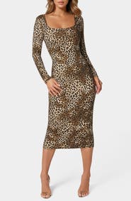 bebe Square Neck Long Sleeve Animal Print Dress