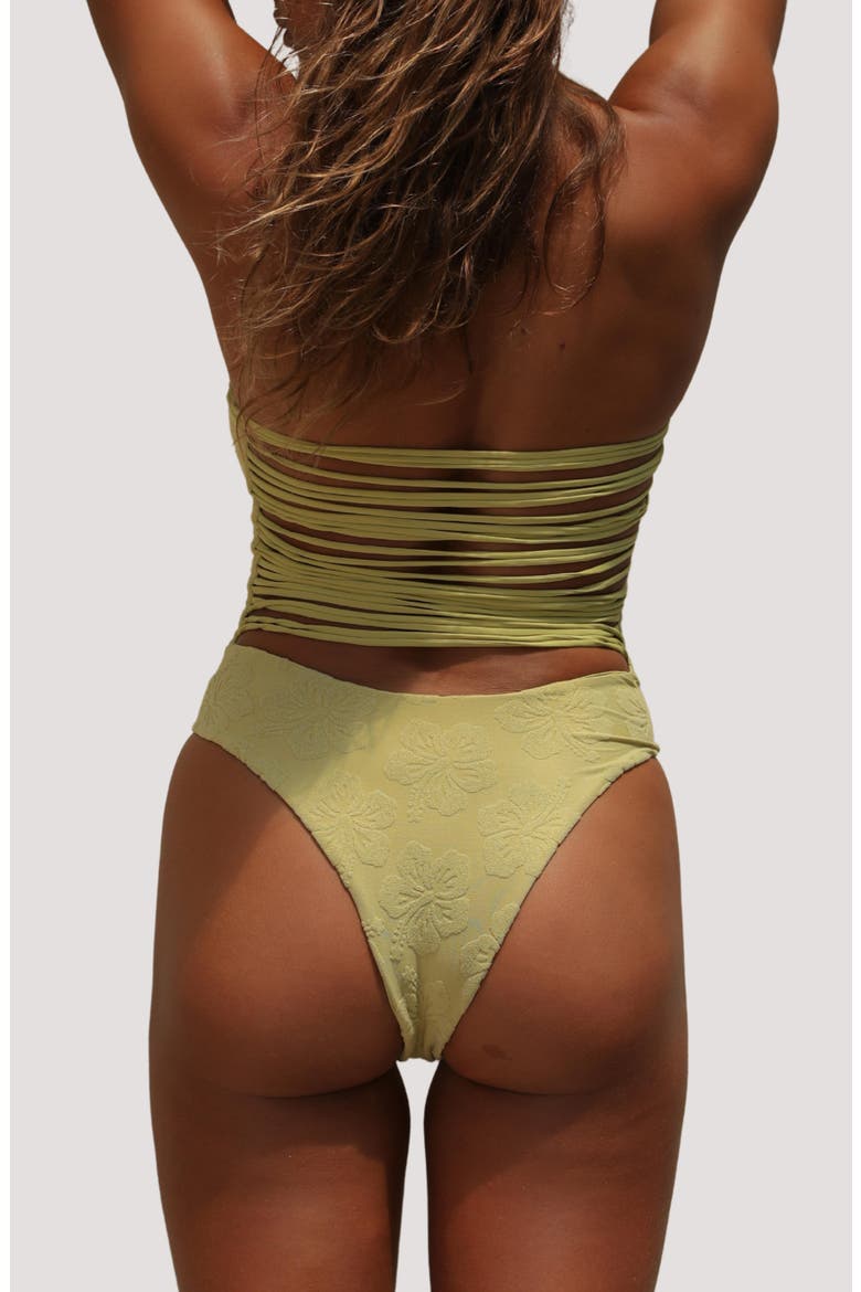 Paola Macramé Strapless One-Piece Swimsuit, Alternate, color, SOFT SAGE HIBISCUS TOWELING