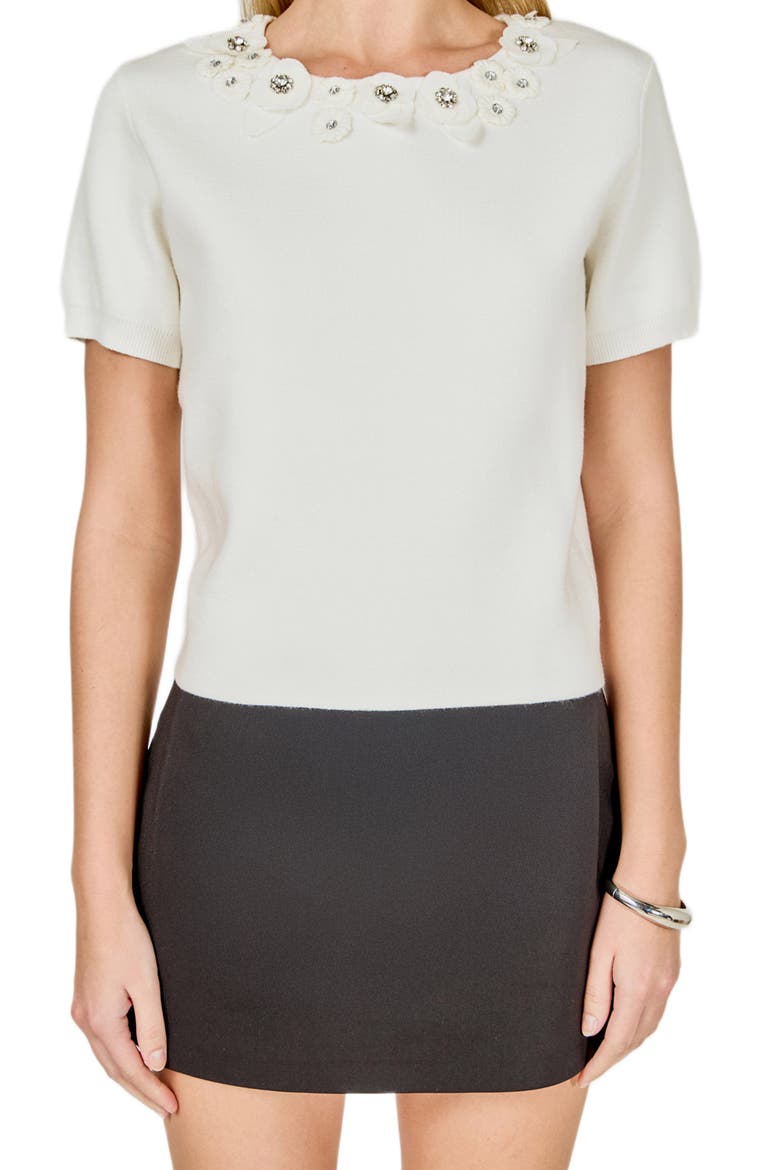 Embellished Floral Appliqué Short Sleeve Sweater, Main, color, OFF WHITE