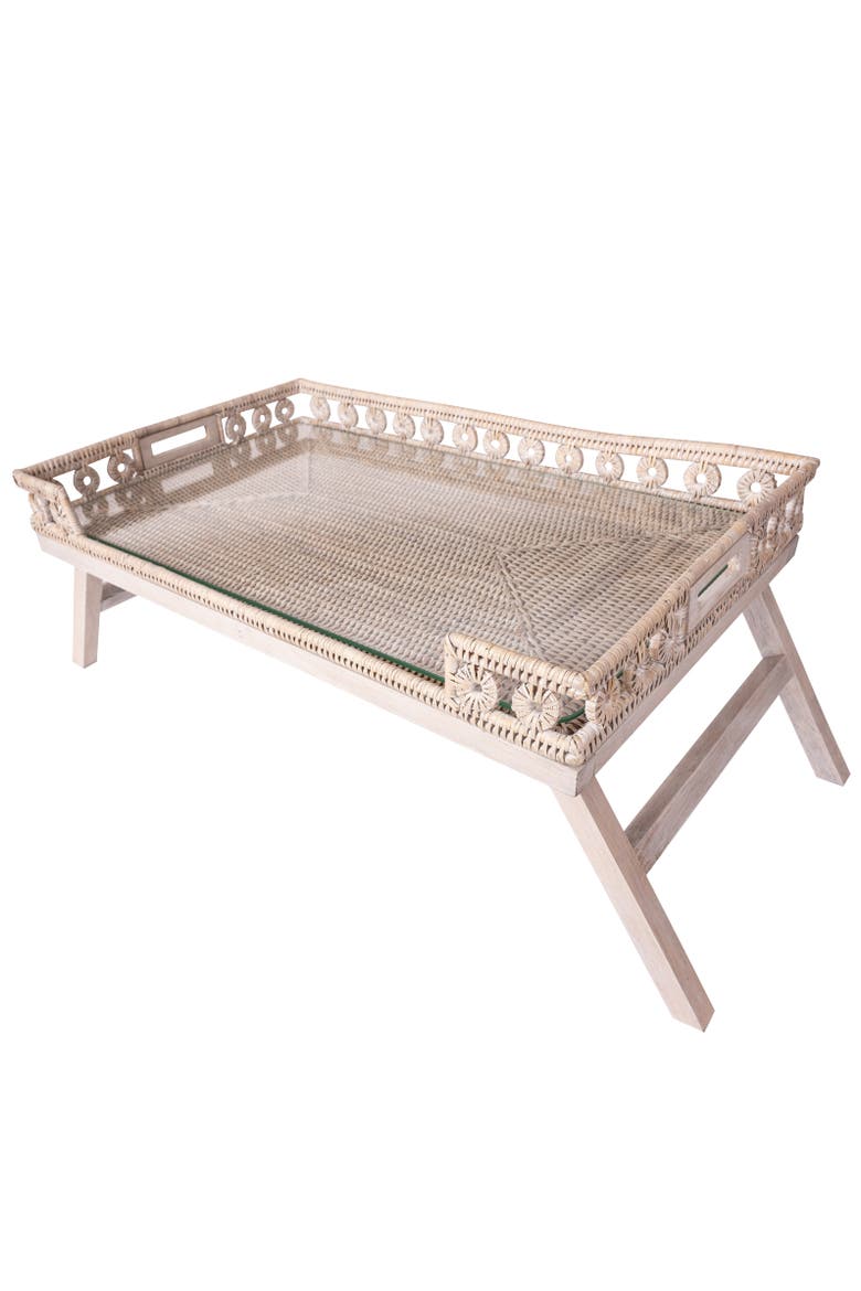 Artifacts Rattan Inna Design Breakfast Tray with Wooden Legs & Glass Insert, Alternate, color, White Wash