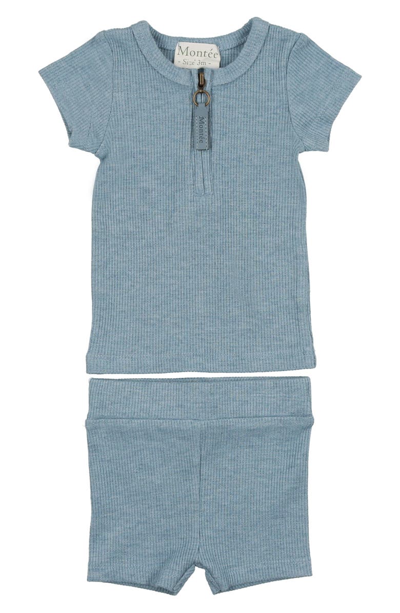 Manière Rib Cotton Knit T-Shirt & Shorts Set, Main, color, Blue