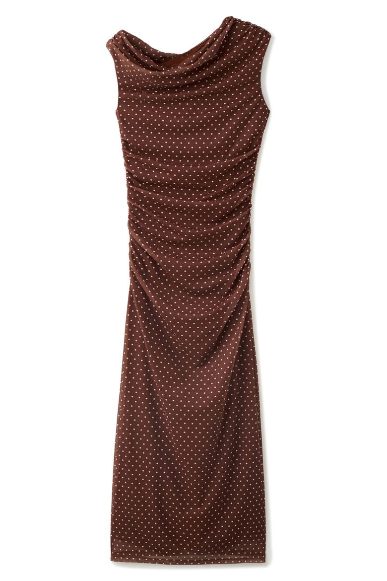 Ruched Dot Midi Dress, Alternate, color, BROWN