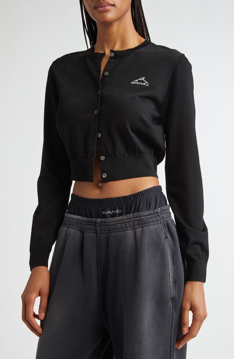 Alexander Wang 3D Logo Crop Open Knit Mesh Cardigan, Alternate, color, 