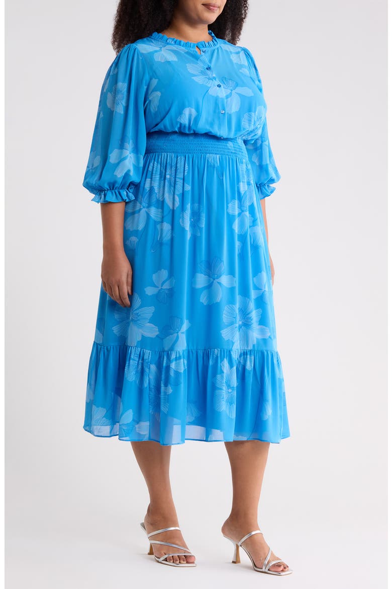 Surf Blossom Irene Smocked Midi Dress, Alternate, color, BLUE WHITE
