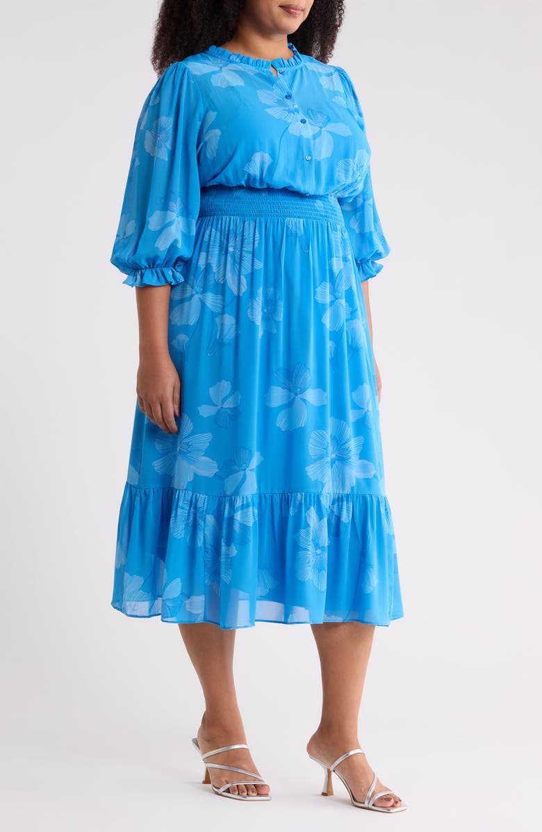 SUGARLIPS Surf Blossom Irene Smocked Midi Dress, Alternate, color, Blue White