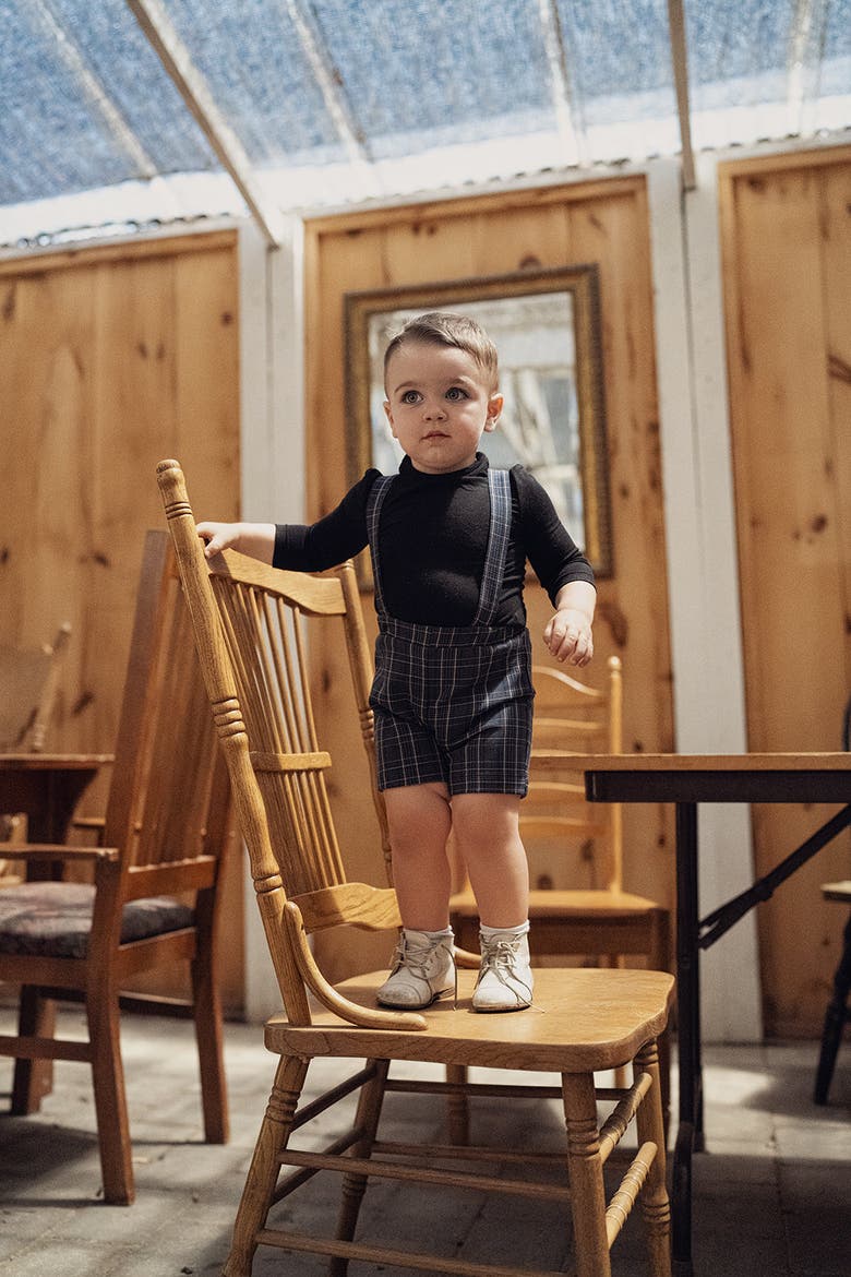 Boy Woven Plaid Overall with Removable Straps, Alternate, color, Beige