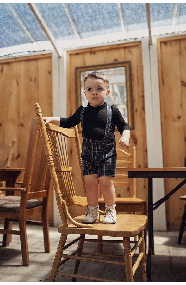Space Grey Boy Woven Plaid Overall with Removable Straps, Alternate, color, Beige