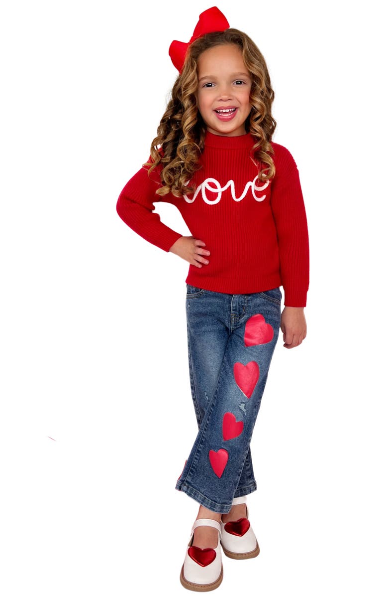 Mia Belle Girls Red Love Sweater and Heart Denim Pant Set, Main, color, Red