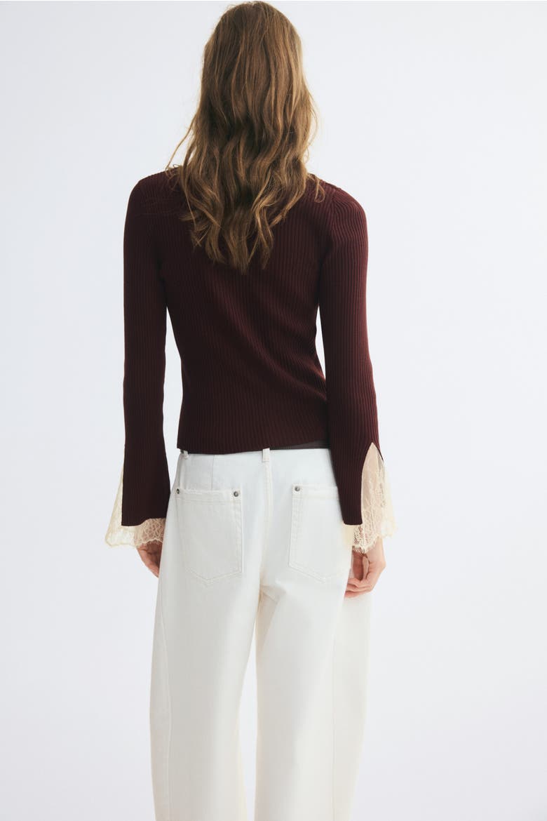 Lace-Trimmed Rib-Knit Cardigan, Alternate, color, Rust brown