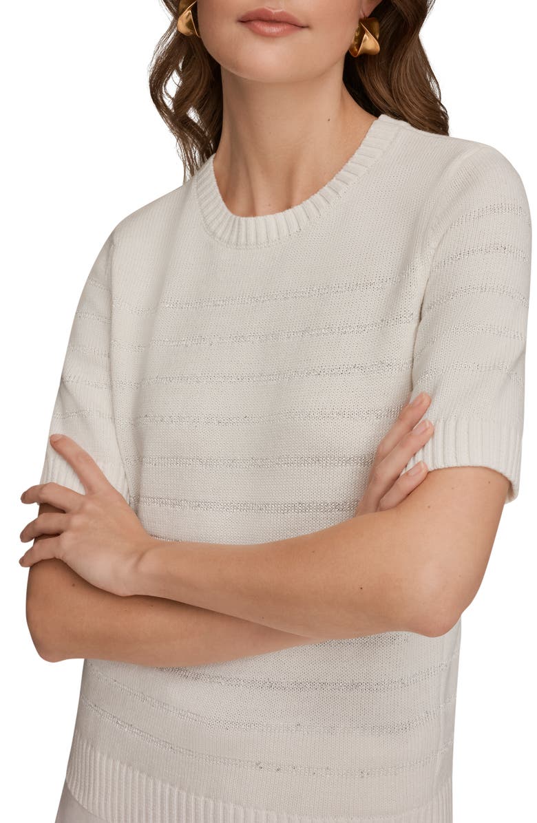 Donna Karan New York Sequin Elbow Sleeve Cotton Blend Sweater, Alternate, color, Cream
