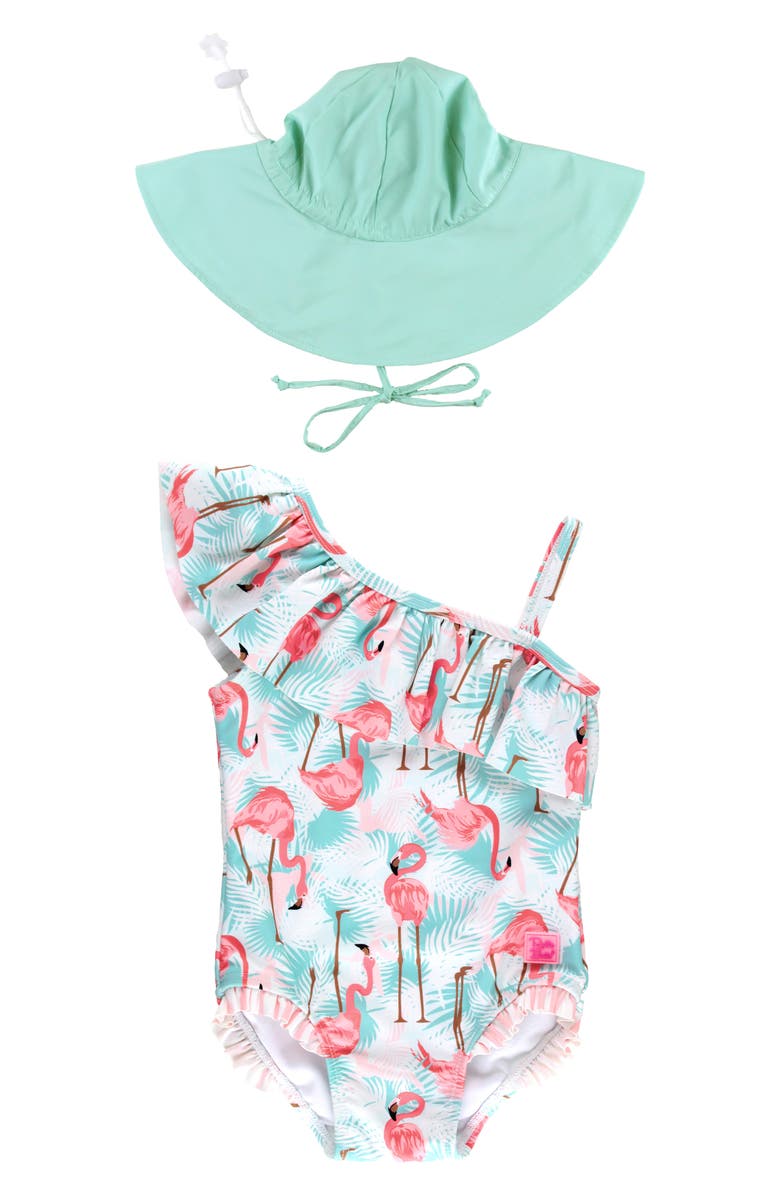RuffleButts Flamingo Print One-Piece Swimsuit & Hat Set, Main, color, 