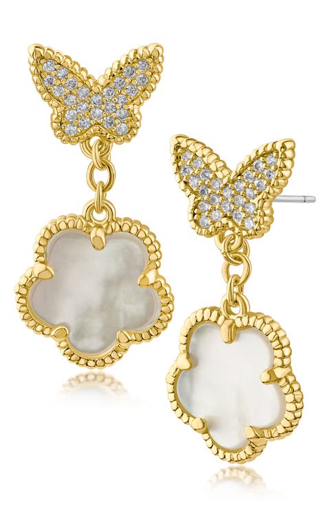 Cubic Zirconia Pavé Butterfly Clover Drop Earrings