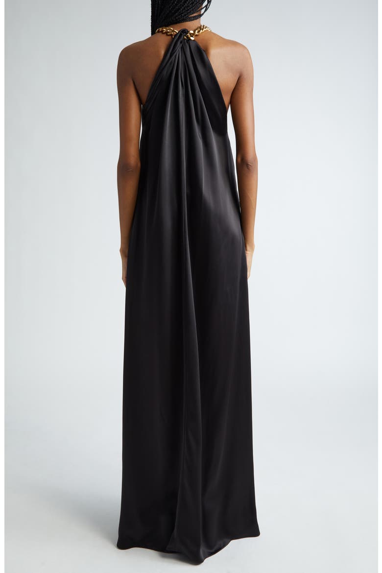 Chain Crossover Halter Satin Gown, Alternate, color, BLACK