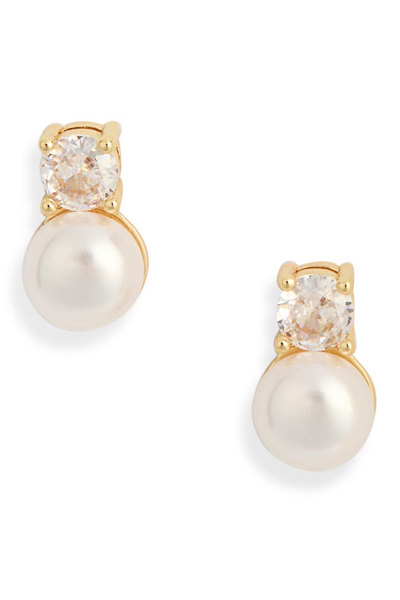Cubic Zirconia & Faux Pearl Stud Earrings, Main, color, CLEAR- WHITE- GOLD