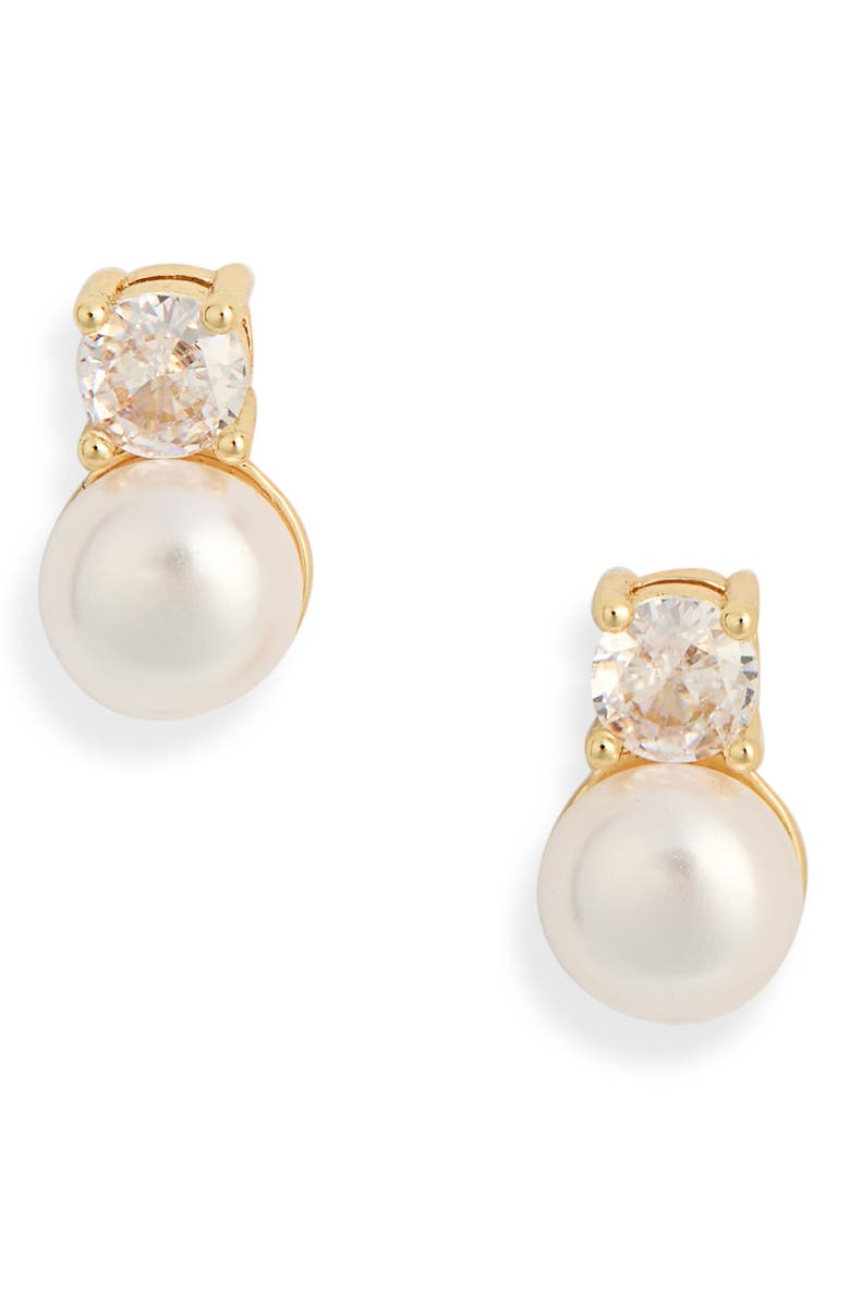 NORDSTROM RACK Cubic Zirconia & Faux Pearl Stud Earrings, Main, color, Clear- White- Gold