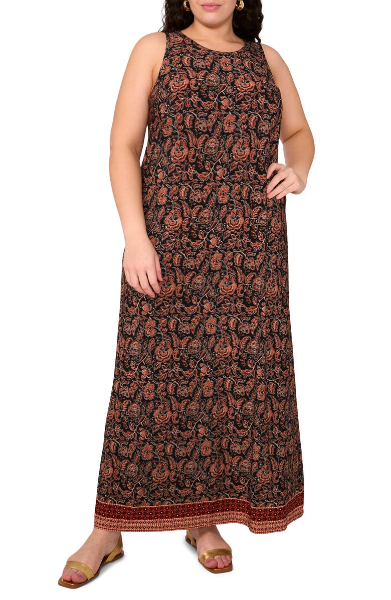 Vince Camuto Floral Border Print Sleeveless Maxi Dress, Main, color, Russet Brown