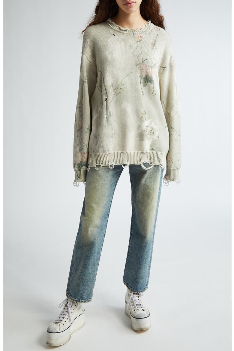 Floral Distressed Cotton Sweater, Alternate, color, CREAM BLEACHED FLORAL