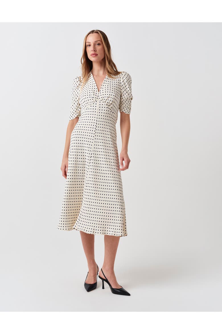 Mia Crepe Polka Dot V-Neck Midi Dress, Main, color, Ivory Spot