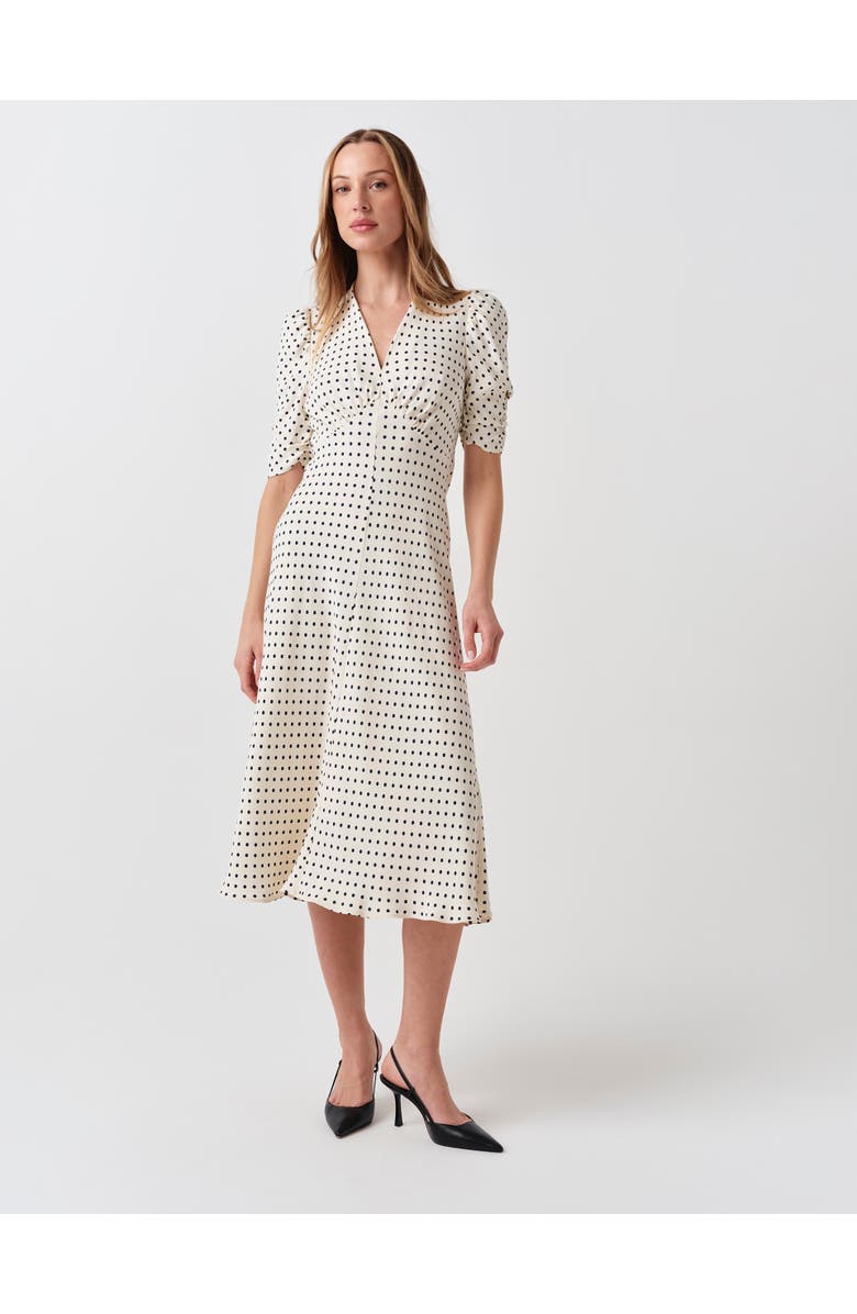 Ghost London Mia Crepe Polka Dot V-Neck Midi Dress, Main, color, Ivory Spot