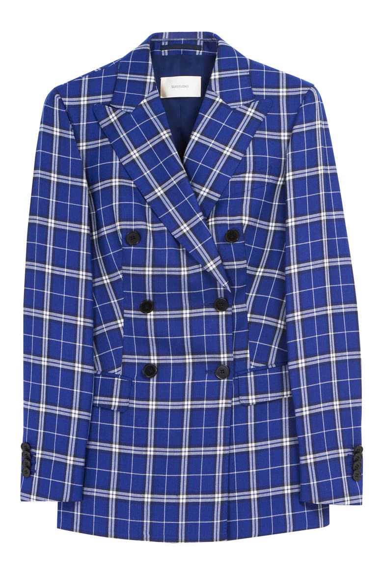 Cameron Double Breasted Silk & Cotton Jacket, Alternate, color, BLUE CHECK