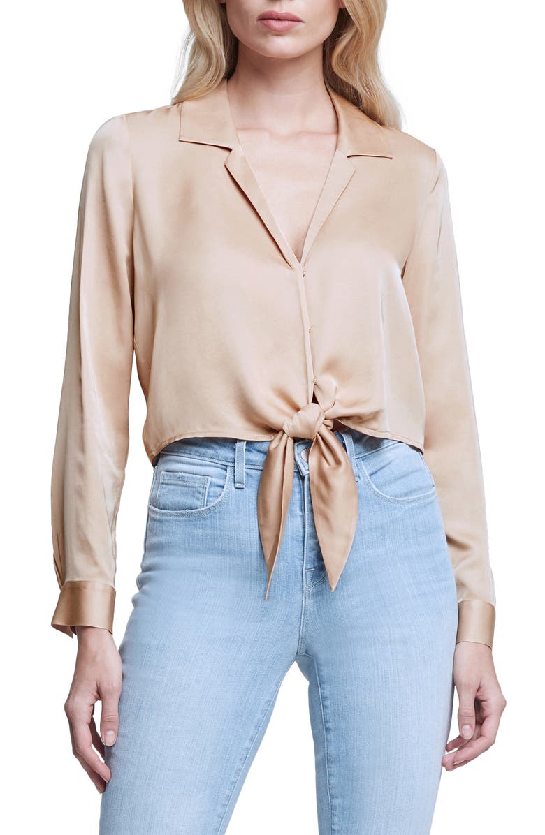 L'AGENCE Annie Tie Hem Satin Top, Main, color,