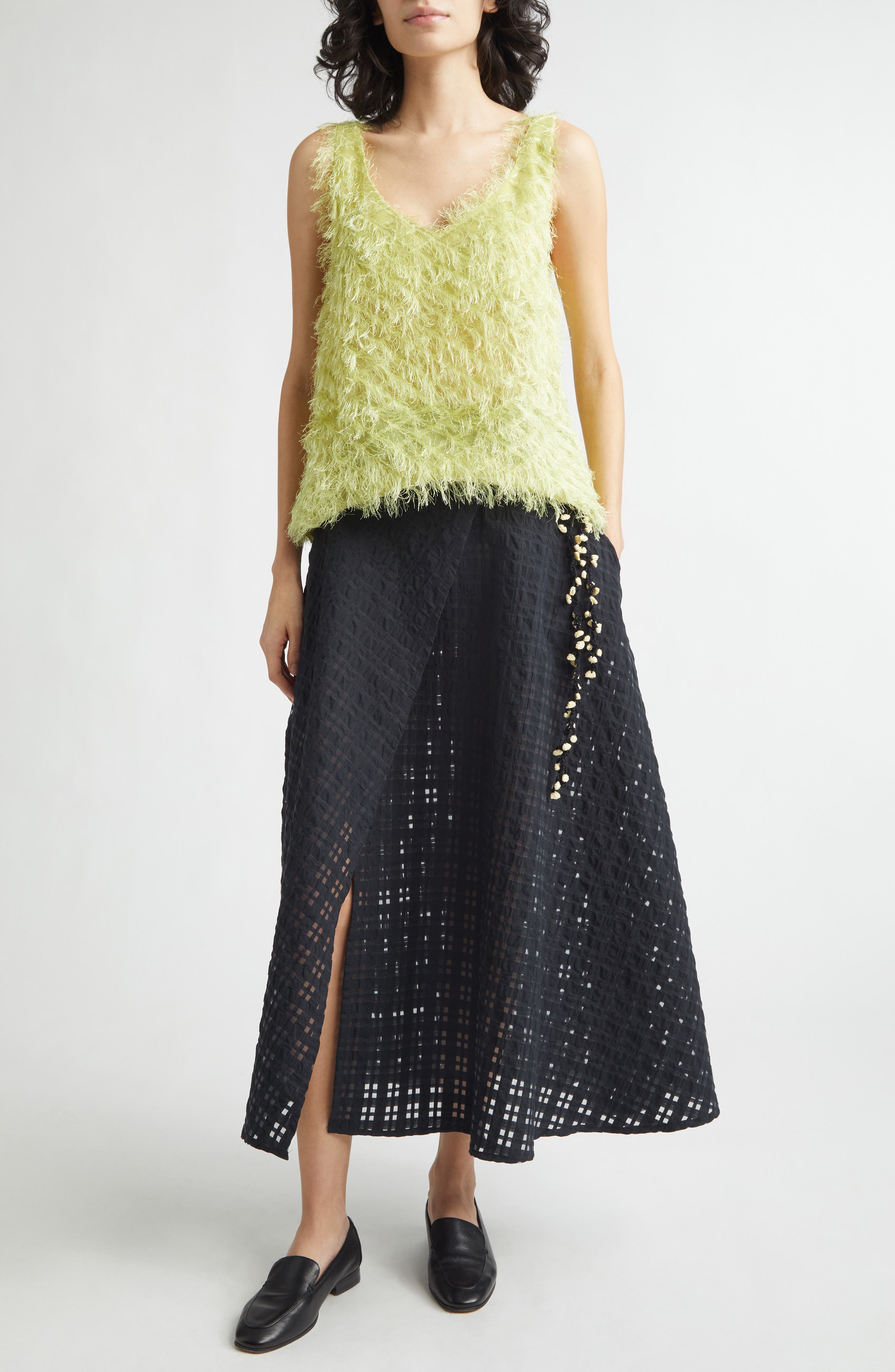 Crochet Accent Sheer Check Wrap Skirt - image 2