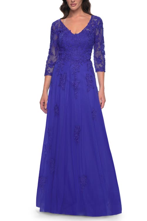 La Femme Tulle And Lace A-line Dress With V Neckline In Royal Blue