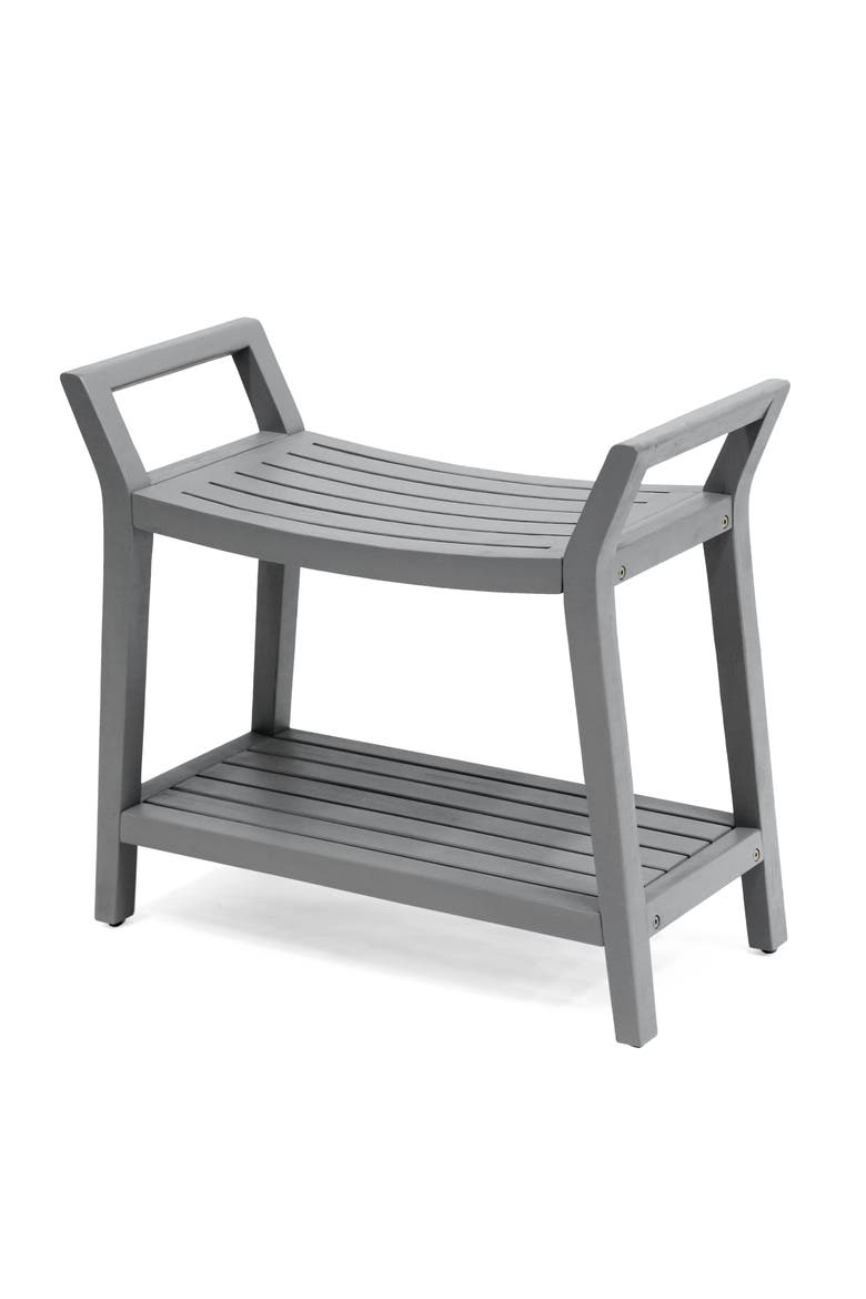Orla Modern Acacia Wood Shower Bench with 2-Tier Storage Shelf, Spa Bath Stool Seat for Bathroom Indoor/Outdoor, Main, color, Gray