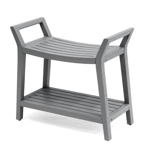 Orla 25.6" Modern Classic Slatted Solid Acacia Wood Indoor/Outdoor Shower Bench with Shelf and Handle